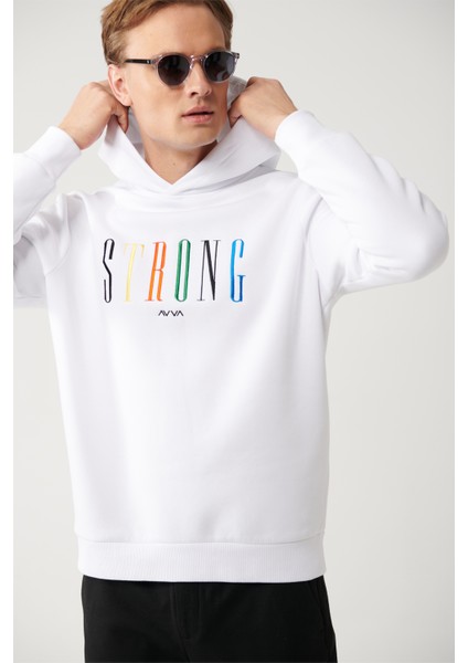 Erkek Beyaz Sweatshirt Kapüşonlu Yaka 3 Iplik Şardonlu Nakışlı Regular Fit A32y1380