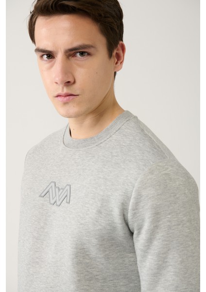 Erkek Gri Bisiklet Yaka 3 Iplik Şardonlu Baskılı Sweatshirt A32y1273