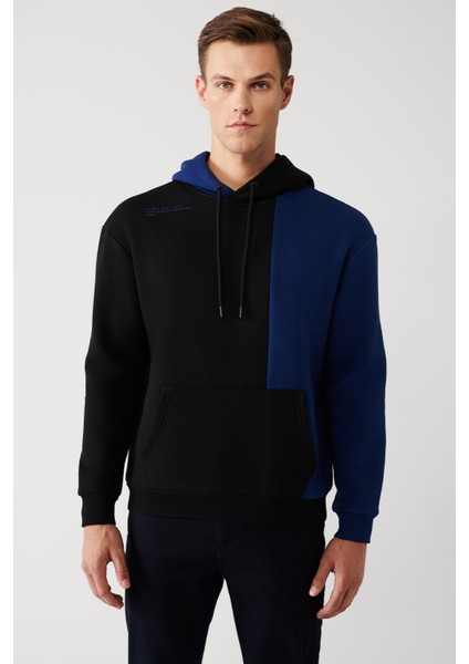 Erkek Siyah Kapüşonlu Kanguru Cepli 3 Iplik Şardonlu Sweatshirt A32y1379