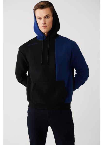Erkek Siyah Kapüşonlu Kanguru Cepli 3 Iplik Şardonlu Sweatshirt A32y1379