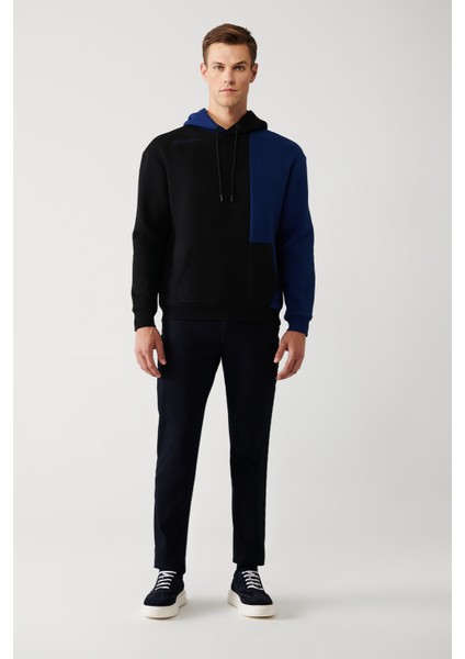 Erkek Siyah Kapüşonlu Kanguru Cepli 3 Iplik Şardonlu Sweatshirt A32y1379