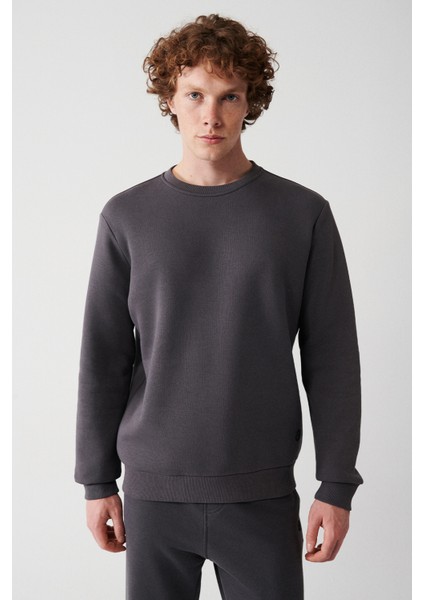 Erkek Antrasit Bisiklet Yaka 3 İplik Şardonlu Pamuklu Sweatshirt E001017