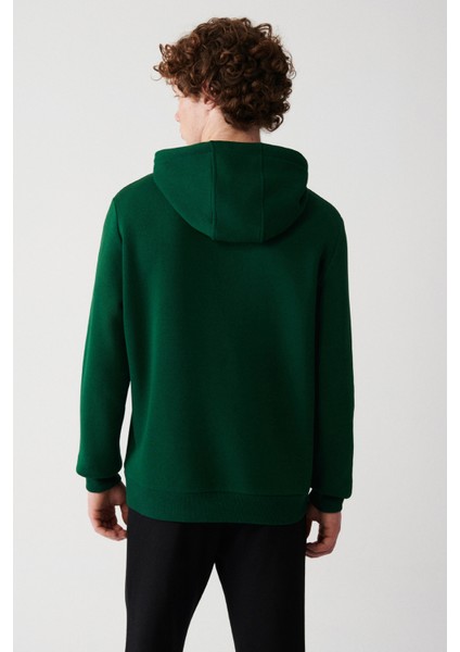 Erkek Yeşil Kapüşonlu 3 İplik Şardonlu Pamuklu Sweatshirt E001018
