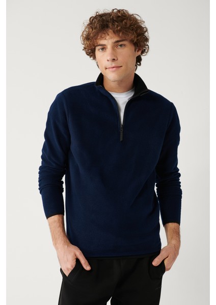 Erkek Lacivert Dik Yaka Fermuarlı Soft Touch Polar Regular Fit Sweatshirt E001068