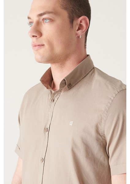 Erkek Vizon Düğmeli Yaka %100 Pamuk İnce Kısa Kollu Gömlek E002210 fiyatları