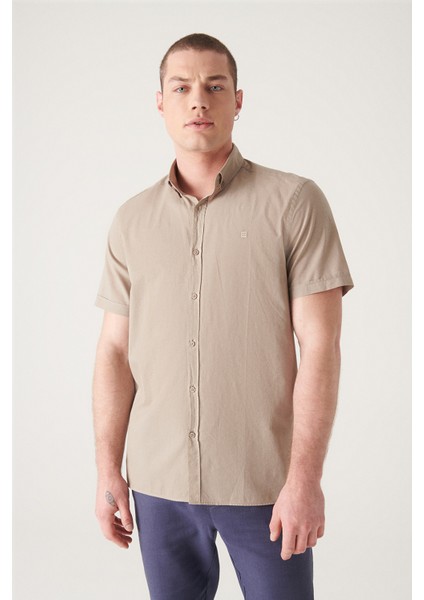Erkek Vizon Düğmeli Yaka %100 Pamuk İnce Kısa Kollu Gömlek E002210 modelleri