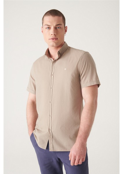 Erkek Vizon Düğmeli Yaka %100 Pamuk İnce Kısa Kollu Gömlek E002210 indirimleri