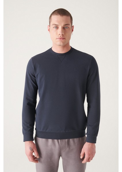 Erkek Lacivert Bisiklet Yaka Pamuklu 2 Iplik Şardonsuz Sweatshirt E001200