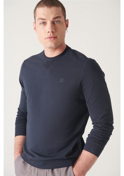 Erkek Lacivert Bisiklet Yaka Pamuklu 2 Iplik Şardonsuz Sweatshirt E001200