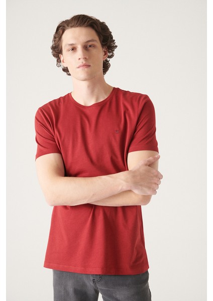 Erkek Bordo Ultrasoft Bisiklet Yaka Pamuklu Basic T-Shirt E001171