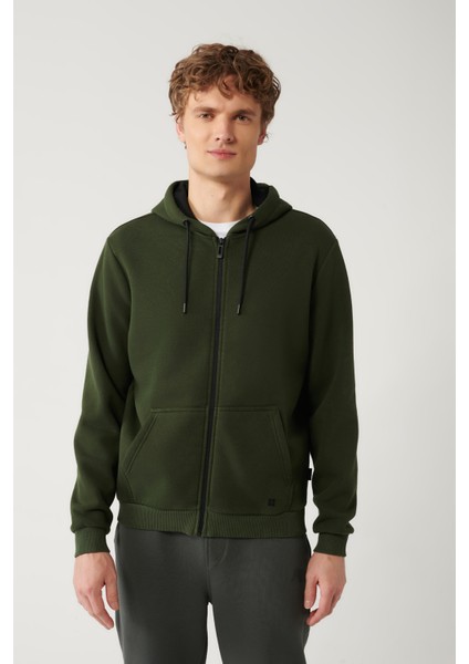 Erkek Haki Kapüşonlu 3 İplik Şardonlu Fermuarlı Sweatshirt E001019