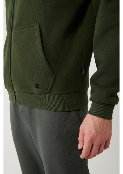 Erkek Haki Kapüşonlu 3 İplik Şardonlu Fermuarlı Sweatshirt E001019