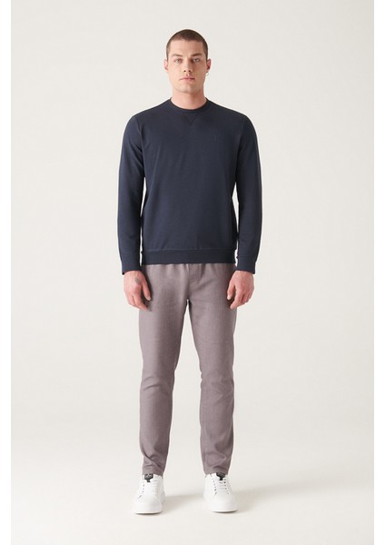 Erkek Lacivert Bisiklet Yaka Pamuklu 2 Iplik Şardonsuz Sweatshirt E001200