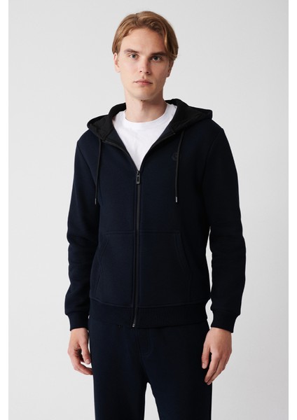 Erkek Lacivert Kapüşonlu Şardonlu 3 Iplik Fermuarlı Sweatshirt E001019 modelleri