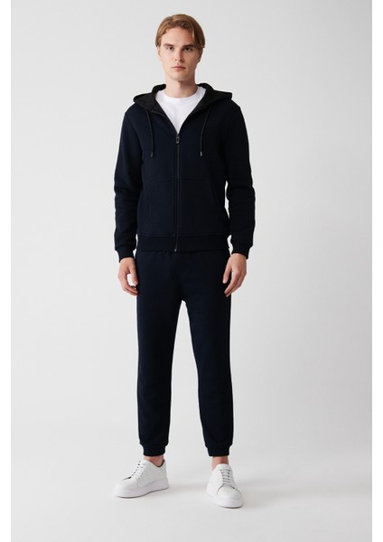 Erkek Lacivert Kapüşonlu Şardonlu 3 Iplik Fermuarlı Sweatshirt E001019 indirimleri