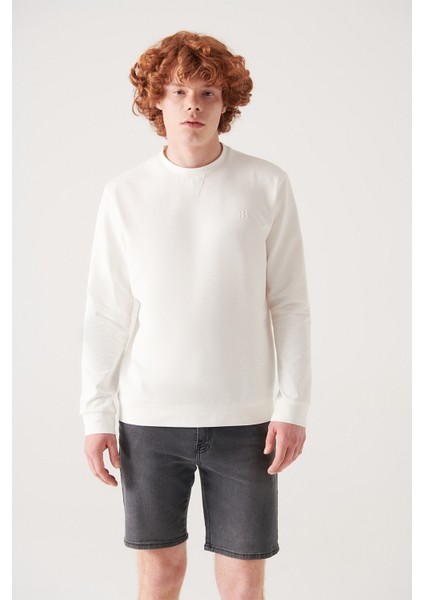Erkek Ekru Sweatshirt Bisiklet Yaka Pamuklu 2 Iplik Şardonsuz Esnek Comfort Fit E001200