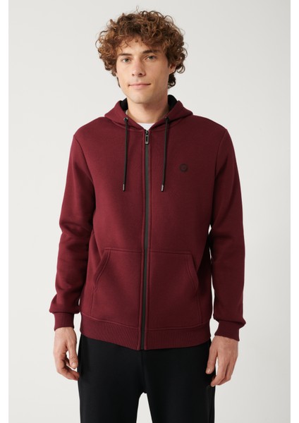 Erkek Koyu Bordo Kapüşonlu Şardonlu 3 İplik Fermuarlı Sweatshirt E001019