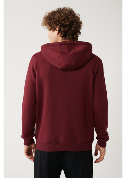 Erkek Koyu Bordo Kapüşonlu Şardonlu 3 İplik Fermuarlı Sweatshirt E001019