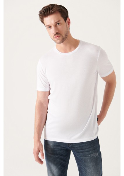 Erkek Beyaz Ultrasoft Bisiklet Yaka Pamuklu Basic T-Shirt E001171