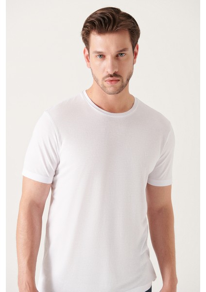 Erkek Beyaz Ultrasoft Bisiklet Yaka Pamuklu Basic T-Shirt E001171