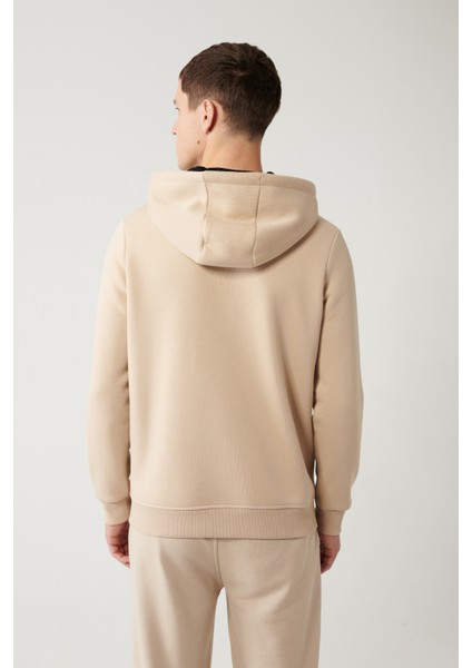 Erkek Bej Kapüşonlu 3 Iplik Şardonlu Fermuarlı Sweatshirt E001019