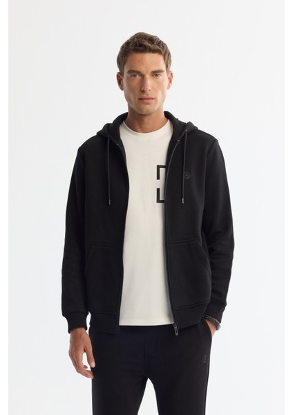 Erkek Siyah Kapüşonlu 3 Iplik Şardonlu Fermuarlı Sweatshirt E001019