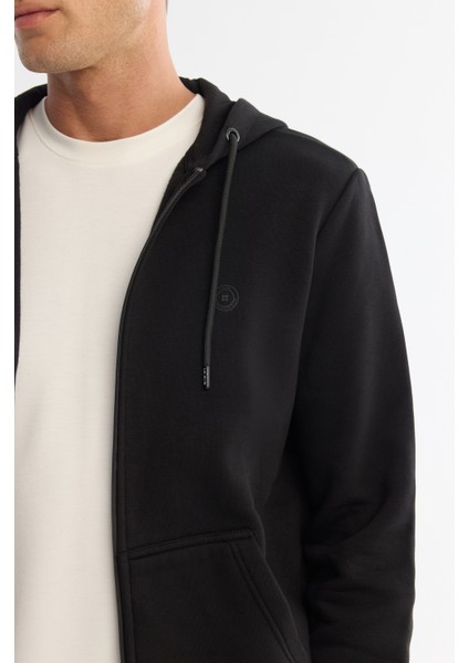 Erkek Siyah Kapüşonlu 3 Iplik Şardonlu Fermuarlı Sweatshirt E001019