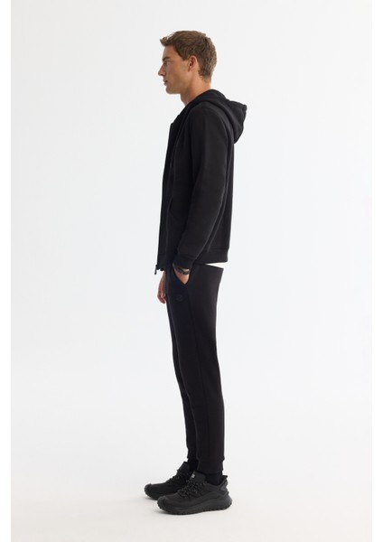 Erkek Siyah Kapüşonlu 3 Iplik Şardonlu Fermuarlı Sweatshirt E001019