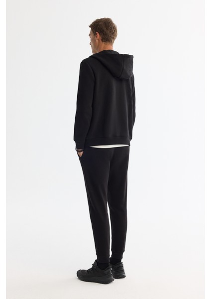 Erkek Siyah Kapüşonlu 3 Iplik Şardonlu Fermuarlı Sweatshirt E001019