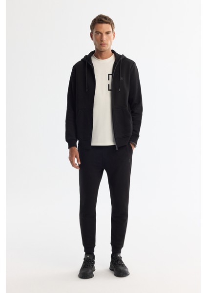 Erkek Siyah Kapüşonlu 3 Iplik Şardonlu Fermuarlı Sweatshirt E001019