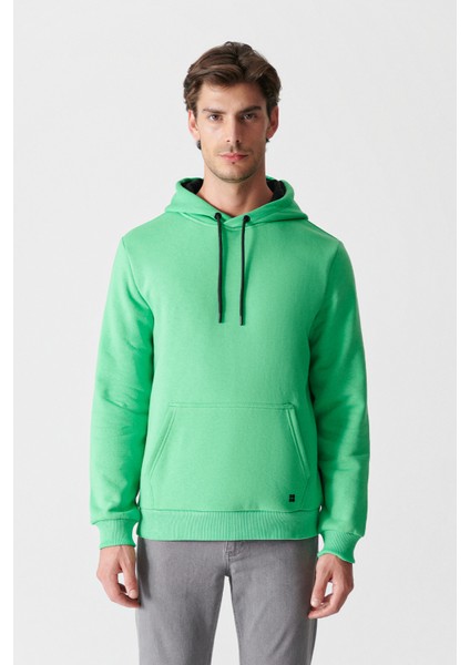 Erkek Neon Yeşil Unisex Sweatshirt Kapüşonlu Yaka Içi Polarlı 3 Iplik Pamuklu Regular Fit E001018