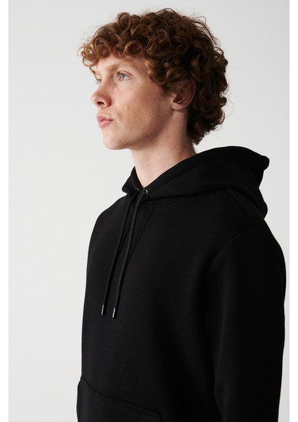 Erkek Siyah Kapüşonlu 3 Iplik Şardonlu Pamuklu Sweatshirt E001018