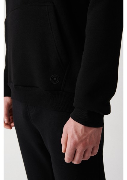 Erkek Siyah Kapüşonlu 3 Iplik Şardonlu Pamuklu Sweatshirt E001018