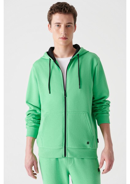 Erkek Neon Yeşil Kapüşonlu 3 İplik Şardonlu Fermuarlı Regular Fit Sweatshirt E001019 fırsatları