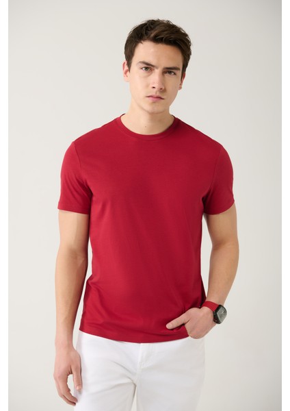 Erkek Bordo %100 Pamuk Nefes Alan Bisiklet Yaka T-Shirt E001000