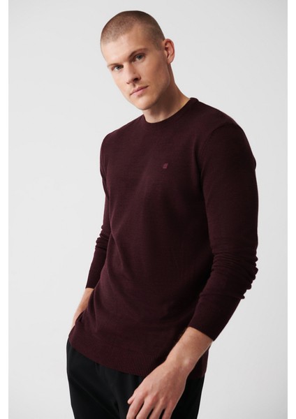 Erkek Bordo Triko Kazak Bisiklet Yaka Tüylenmeyen Regular Fit E005000