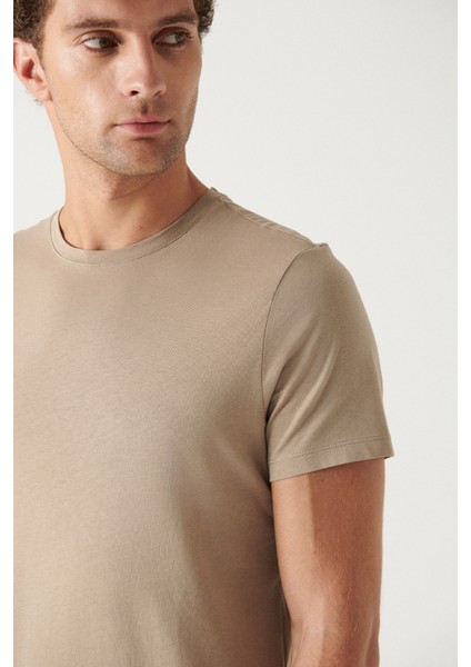 Erkek Vizon %100 Pamuk Nefes Alan Bisiklet Yaka T-shirt E001000