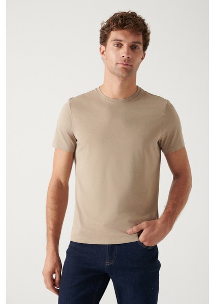 Erkek Vizon %100 Pamuk Nefes Alan Bisiklet Yaka T-shirt E001000