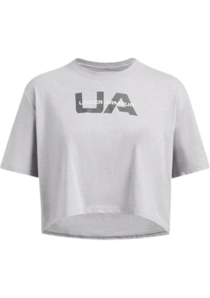 UA W Boxy Crop Branded SS 1386846-012 Kadın Gri Spor Tişört