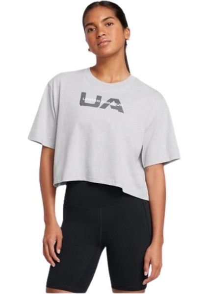 UA W Boxy Crop Branded SS 1386846-012 Kadın Gri Spor Tişört