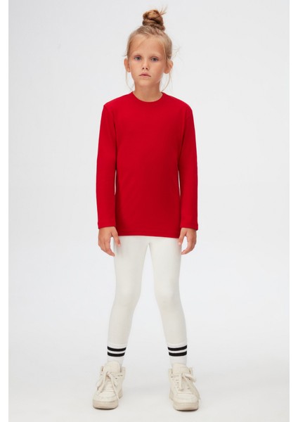 Kırmızı Basic Unisex Çocuk Kışlık Sıfır Yaka Uzun Kollu Tişört