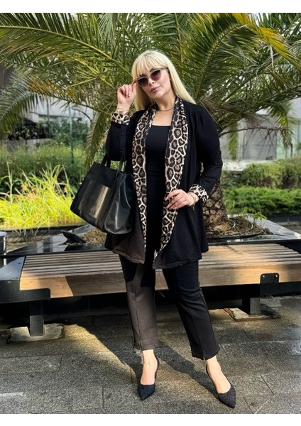 Kadın Büyük Beden Yaka Leopar Garni Detay Esnek Iki Iplik Hırka