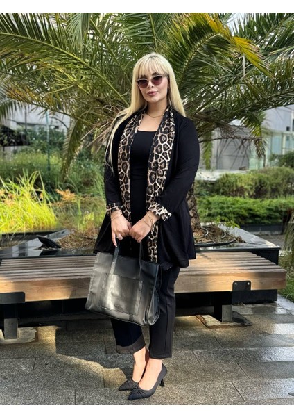 Kadın Büyük Beden Yaka Leopar Garni Detay Esnek Iki Iplik Hırka