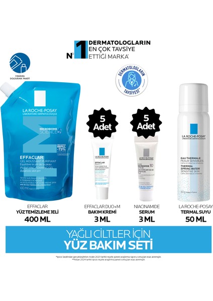 Yağlı Ciltler Için Yüz Bakım Seti: Effaclar Yüz Temizleme Jeli 400 ml& Effaclar Duo(+)M Bakım Kremi 3mlx5& Niacinamide Serum 3mlx5 & Termal Su 50 ml