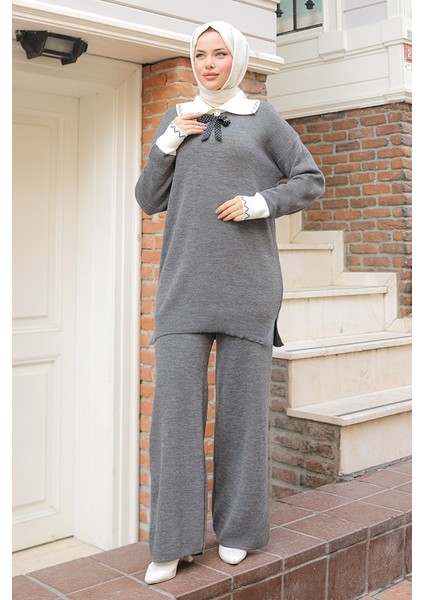 Bebe Yaka Tunik Pantolon Triko Takım 1300 - Antrasit