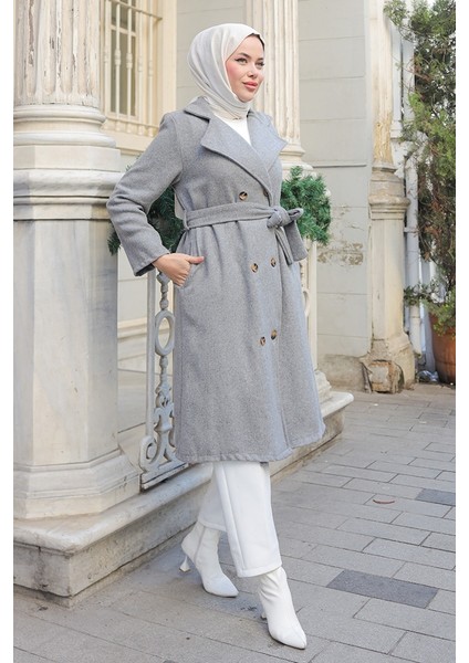 Feral Kuşaklı Kaşe Kaban 1306 - Gri modelleri