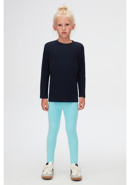Koyu Lacivert Basic Unisex Çocuk Kışlık Sıfır Yaka Uzun Kollu Tişört