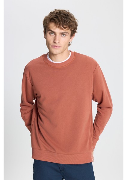 Erkek Açık Kahve Standart Fit Normal Kesim Bisiklet Yaka 3 Iplik Pamuklu Sweatshirt