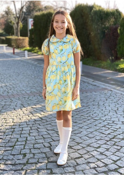 Kız Çocuk Limon Desenli Bebe Yaka Elbise