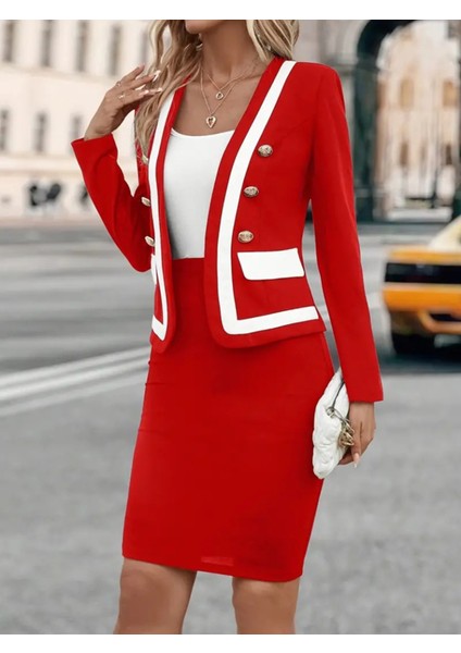 Kadın Uzun Kollu Önden Düğmeli Atlas Ceket ve Yüksek Bel Kısa Etek Ikili Takım modelleri